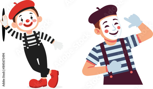 Cute mime character illustration set with smiling pantomime performers, striped costume artists, theatrical clown style cartoon design