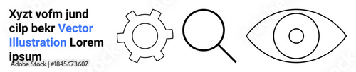 Gear, magnifying glass, and eye icons convey concepts of process, search, and vision. Ideal for analysis, research, innovation, strategy optimization clarity and a simple landing page