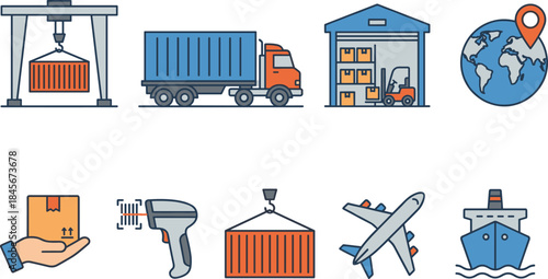 Logistics and transportation icons set illustration, cargo truck warehouse shipping container airplane freight delivery concept isolated on white background