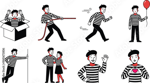 Mime artist illustration set showing pulling rope, walking motion, greeting gesture and emotional expressions, striped costume character isolated
