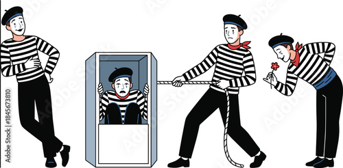 Mime artist illustration set showing emotional pantomime actions, pulling rope, trapped box illusion, romantic gesture, theatrical street performance