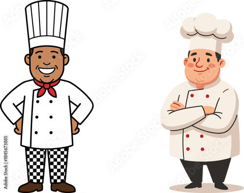 Professional chef character illustration set featuring smiling cooks in uniform, restaurant kitchen staff mascots, culinary hospitality design