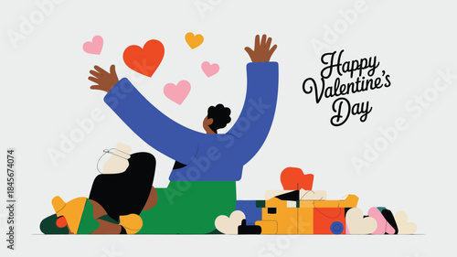 Elongated flat character with arms raised celebrates valentine's day with hearts floating around on a light gray background with colorful toys