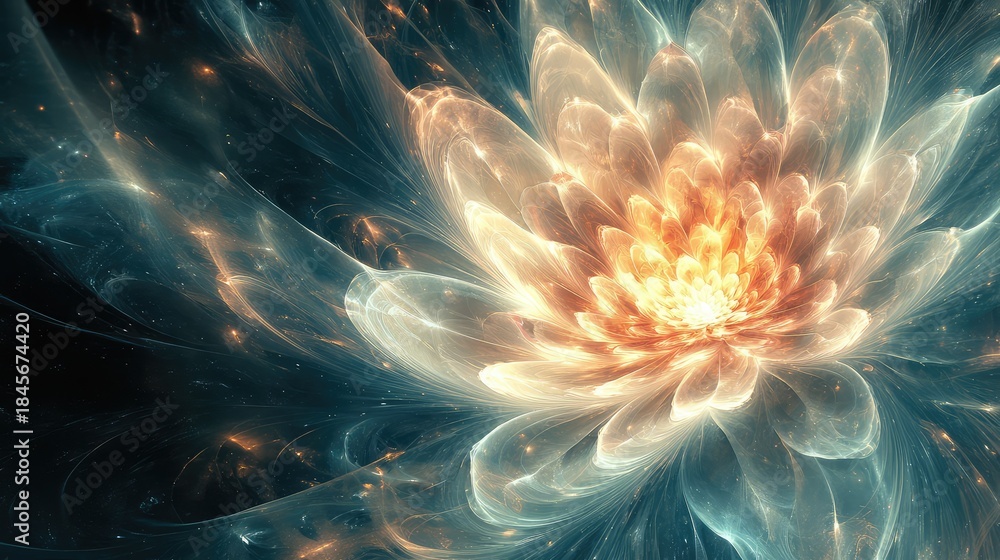 Obraz premium Vibrant abstract fractal flower blooming with warm fiery light radiating from its center, showing intricate glowing petals blending into cool nebular hues and sparkling particles