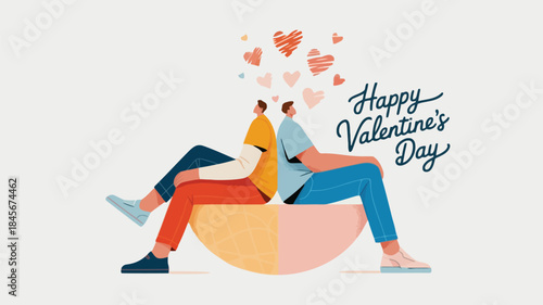 Happy valentine's day minimal flat illustration of a couple sitting on a half circle with hearts