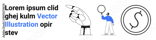 Robotic hand pointing forward, person with balloon standing, and circular monetary symbol. Ideal for finance, robotics, innovation, creativity, education, technology visuals simple landing page