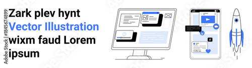 Web design, mobile app development, online interfaces, innovation, creative technology, user experience. Computer screen, phone displays rocket vector graphic. Web design and mobile app development