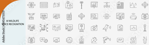 AI wildlife voice recognition icon set, line vector illustration