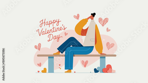 A lonely person sits on a bench with hearts around, feeling sad on valentine's day with a peaceful, simple background