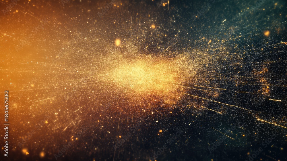 Obraz premium Golden particles exploding and radiating light in an abstract digital space, symbolizing data transfer, technological advancement, movement, and a dynamic flow of energy