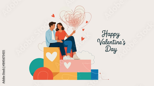 Young loving couple sitting on colorful geometric blocks with floating hearts on valentine's day