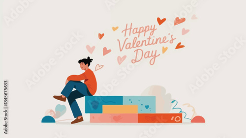 A single tall character sits on a stack of colorful boxes with hearts around happy valentine's day message