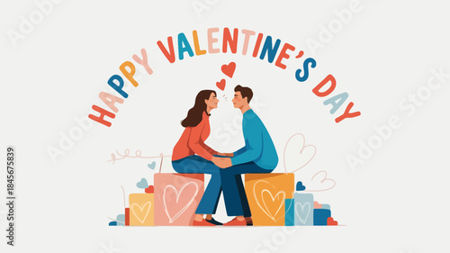 A loving couple sits on valentine's day gifts, surrounded by colorful presents and hearts, smiling at each other with love and affection