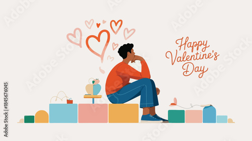A contemplative tall figure sits among colorful gifts on a valentines day background with hearts