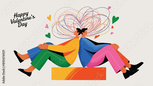 Stylized couple sitting on a bench with legs dangling surrounded by colorful hearts on valentine's day
