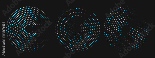 Set of speed dotted shape vector icons. Halftone circular graphic elements for design	
