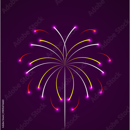 An isolated, stylized firework burst with red, yellow, and glowing purple lines on a dark purple background, capturing a magical and sophisticated Happy New Year moment vector file.
