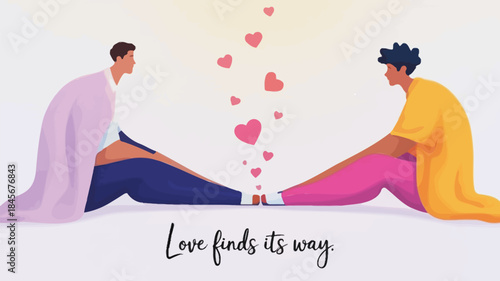 Two elongated flat characters sitting facing each other with hearts floating between them in pastel colors
