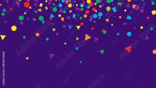 Colorful confetti cascade against a deep purple backdrop