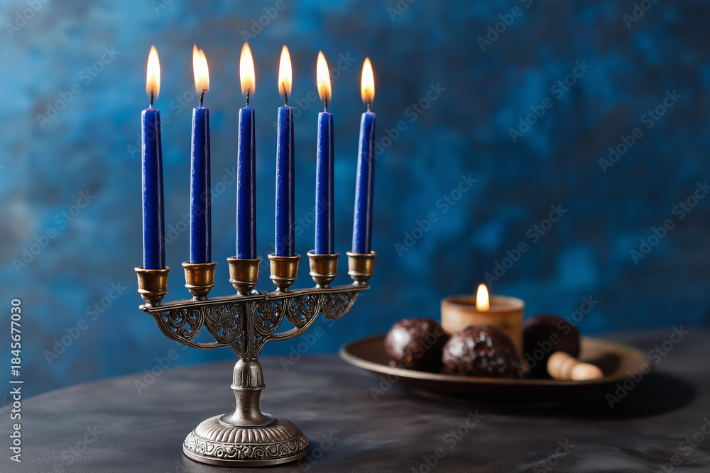 Fototapeta premium A beautifully arranged menorah with lit blue candles alongside decorative elements, symbolizing tradition and celebration of a festive occasion.