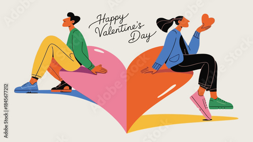 Elongated couple sitting on opposite sides of large heart shaped valentine's day symbol holding love sign