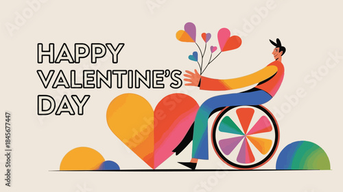 Colorful illustration of a person on a unicycle holding heart balloons on valentine's day