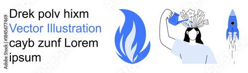 Creativity, personal growth, innovation, motivation, mental wellbeing, futuristic ideas. Woman pours water on flowers growing from her head, rocket and flame symbols. Creativity and personal growth