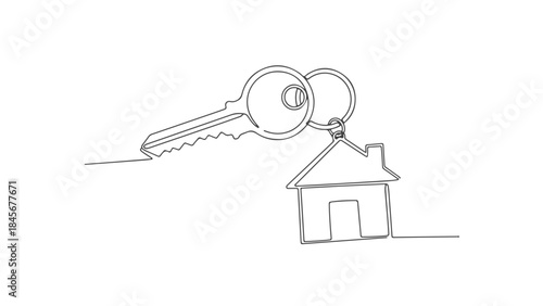 A minimalist line drawing of a house key with a house-shaped keychain attached.