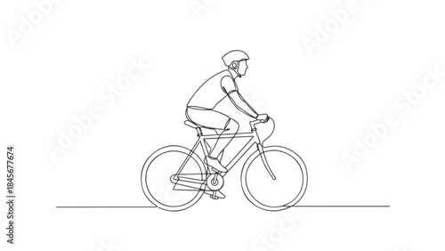 A minimalist line drawing depicts a cyclist in profile, wearing a helmet and athletic clothing, riding a bicycle on a flat surface.