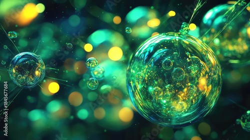 Cluster of glowing green and yellow transparent spheres representing cellular biology, science, and data connections in a vibrant abstract composition