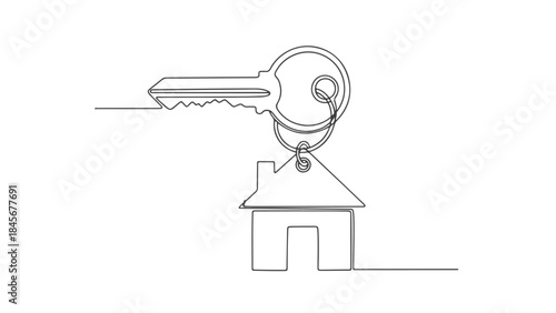 A single continuous line drawing of a house key with a house-shaped keychain attached.