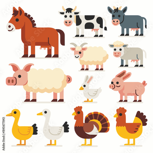 Cute Farm Animals Vector Set. Flat Cartoon Livestock Collection