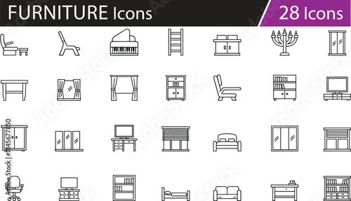 Home furniture and fixture icons set, interior design elements, household items and decor symbols, vector illustration
