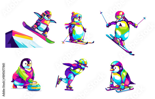 Colorful geometric penguins engaged in winter sports activities, flat illustration set for seasonal event promotions, children's winter games, educational content, and graphic element packs
