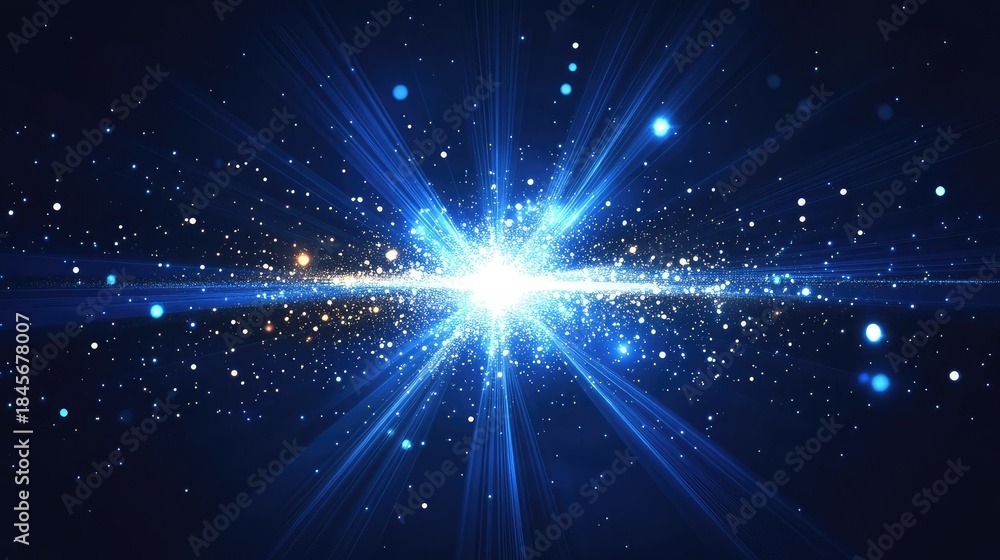 Obraz premium Digital light explosion of blue and white particles and glowing rays spreading through dark space, evoking data flow, futuristic connectivity, energy and technological innovation