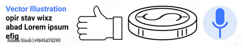 Feedback, communication, customer service, review systems, online economy, financial exchange. Thumbs-up gesture, coin icon and microphone feedback and communication. Feedback and communication