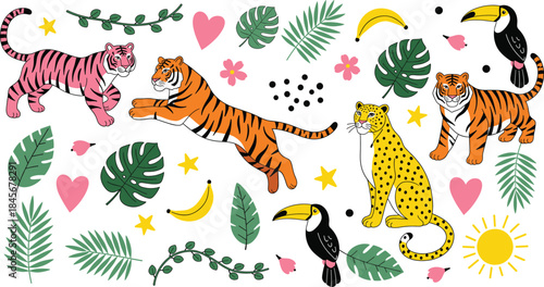 Colorful hand-drawn vector collection of wild jungle and tropical animals including tigers, leopard, and toucans, surrounded by lush green palm leaves and exotic fruit.