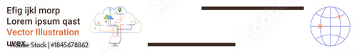 Cloud computing, global networking, technology systems, remote access, data sharing, IT services. A cloud connected to a monitor and globe. Cloud computing and global networking concept