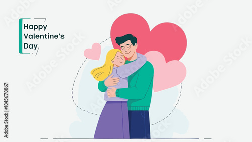 Man and woman hugging with oversized hearts on valentine's day with a sweet loving romantic gesture