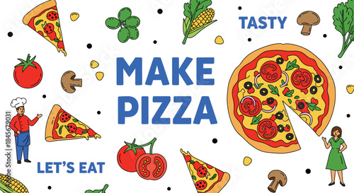 Hand-drawn vector banner promoting delicious Italian pizza with whole pies, slices, fresh ingredients like tomatoes, mushrooms, and chefs for restaurant promotion design