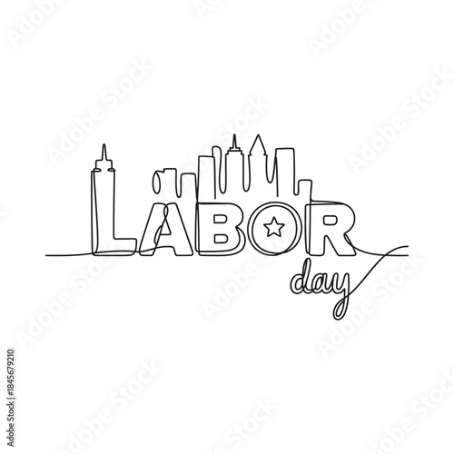 Labor day celebration with a cityscape and continuous line art design