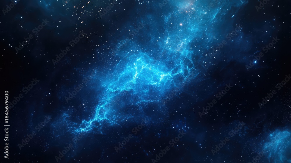 Obraz premium Blue nebula streams energetic glowing light across the vast dark of deep space, sprinkled with bright stars and cosmic dust creating a dramatic interstellar scene
