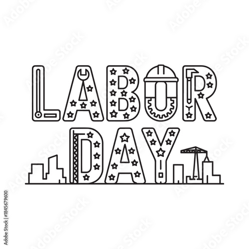 Labor day typography with tools stars and cityscape elements in black and white
