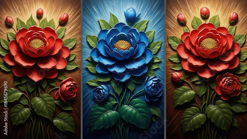 Triptych floral wall art featuring vibrant red and blue blossoms
