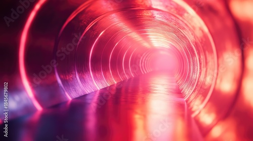 Fototapeta Naklejka Na Ścianę i Meble -  Abstract metallic tunnel with glowing red and purple neon light generating a futuristic pathway, symbolizing digital connectivity, innovation, and technological progress with vibrant illumination