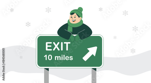 Smiling person leaning on highway sign indicating an exit during snowy winter weather, outdoor travel scene with road safety and cheerful expression, isolated background