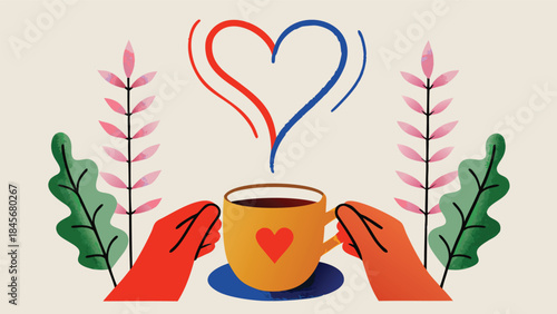A vibrant digital illustration of hands cradling a heart shaped coffee cup with a warm beverage on a saucer surrounded by pink and green