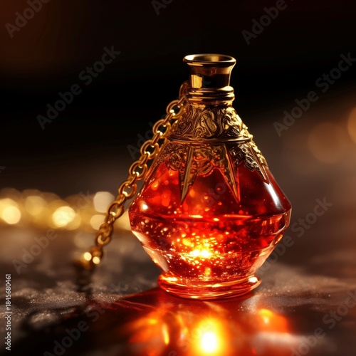 Glass bottle with red liquid of love magic potion, elixir. Accessory of a witch, sorceress, fortune teller, chemist
