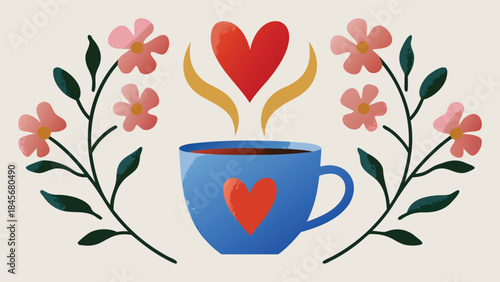 Valentine's day coffee cup with heart design and flowers, hot beverage on a romantic day