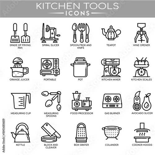 Kitchen tools icon set featuring cooking utensils, cookware, and food preparation elements,